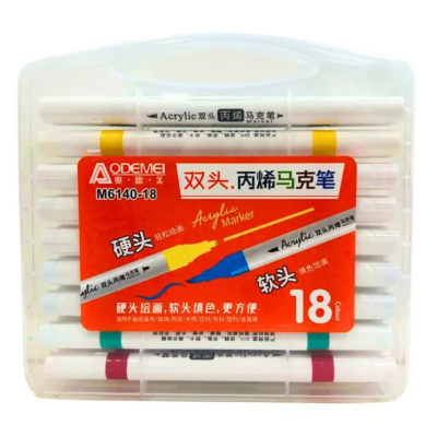 M6140-18 Набір акрил. скетчмаркерів двостор. Aodemei м'який+тверд., 18шт., plastic box