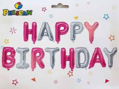 Набір з 13 кульок- літер, HAPPY BIRTHDAY 40см, срібно - рожева
