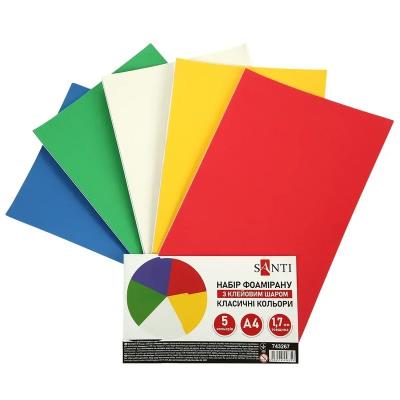 Набір Фоаміран ЕВА з клейовим шаром SANTI класичні кольори, 200*300мм, товщина 1,7 мм, 5 кольорів