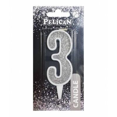 Свічка для торта цифра "3" СРІБЛО 7см, TM Pelican