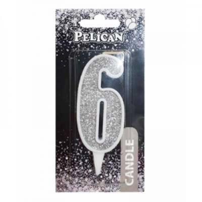 Свічка для торта цифра "6" СРІБЛО 7см, TM Pelican (1/12)