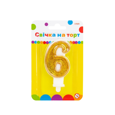 Свічка для торту золотиста двостороння з блискітками "6", висота 7,62 см Свічка для торту золотиста двостороння з блискітками "6", висота 7,62 см