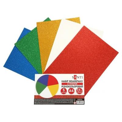 Набір Фоаміран ЕВА з глітером SANTI різнокольоровий, 200*300мм, товщина 1,7 мм, 5 кольорів