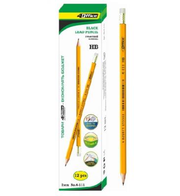 Олівець граф., пластик., HB, жовт. корп., з ластиком, 4-111, 4OFFICE(12/144/2880)