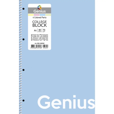 Коледж-блок, спiраль, А4/80арк., у клітинку, білий блок, 70г/м2, регістри, пластик, , Genius A4-080-6809K