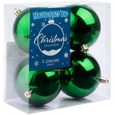 Набір новорічних куль Novogod'ko, пластик, 8см, 4 шт/уп, зелений глянець, 1 сорт Набір новорічних куль Novogod'ko, пластик, 8см, 4 шт/уп, зелений глянець, 1 сорт
