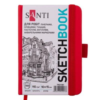 Скетчбук SANTI для графіки, 10х15см, 100 арк., тверда обкладинка PU, 110г/м2, червоний