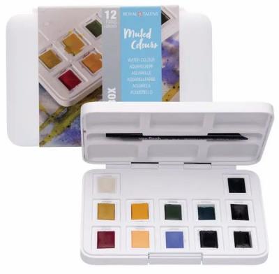 Набір акварельних фарб, VAN GOGH, Pocket box MUTED COLOURS, 12 кювет+пензлик, пластик, Royal Talens Набір акварельних фарб, VAN GOGH, Pocket box MUTED COLOURS, 12 кювет+пензлик, пластик, Royal Talens