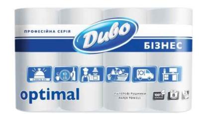 Рушники Диво Бізнес Optimal, целюлозні, двошарові, 8 рулонів на гільзі, білі (1/8)