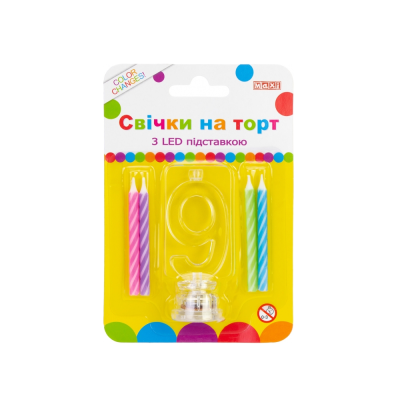 Набор: 4 свечи на торт с LED подставкой "9", светящийся Набор: 4 свечи на торт с LED подставкой "9", светящийся