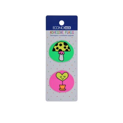 Закладки з клейким шаром 35х40 мм Economix Fun heart and mushroom, 40 шт., пластикові, асорті, Е20969-01 Закладки з клейким шаром 35х40 мм Economix Fun heart and mushroom, 40 шт., пластикові, асорті, Е20969-01