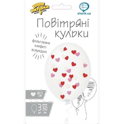 1111-5467 Набір латексних кульок з конфеті Серця черв-рож-біл., 3 од., ПАК, ТМ"Весела Витівка"