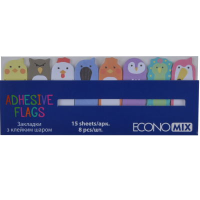 Закладки з клейким шаром 15х48 мм Economix Fun Birds, 120 шт, паперові, 8 кольорів, асорті, Е20964 Закладки з клейким шаром 15х48 мм Economix Fun Birds, 120 шт, паперові, 8 кольорів, асорті, Е20964