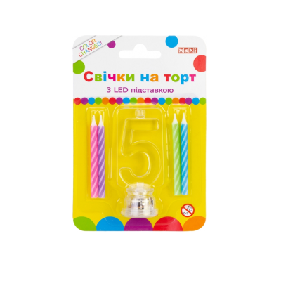 Набор: 4 свечи на торт с LED подставкой "5", светящийся Набор: 4 свечи на торт с LED подставкой "5", светящийся