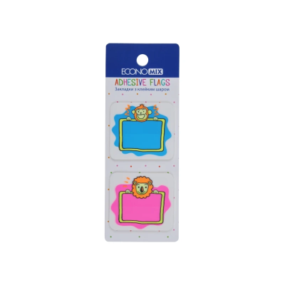 Закладки з клейким шаром 40х45 мм Economix Fun Lion & monkey, 40 шт., пластикові, асорті