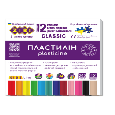Пластилін CLASSIC 12 кольорів, 240 г, KIDS Line