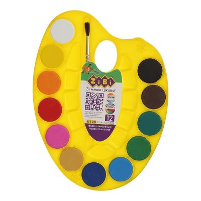 Акварельні фарби на палітрі, 12 кольорів, натуральний пензель, жовта Акварельні фарби на палітрі, 12 кольорів, натуральний пензель, жовта