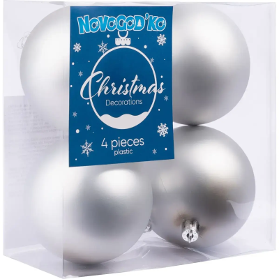 Набір новорічних куль Novogod'ko, пластик, 8см, 4 шт/уп, срібний матовий