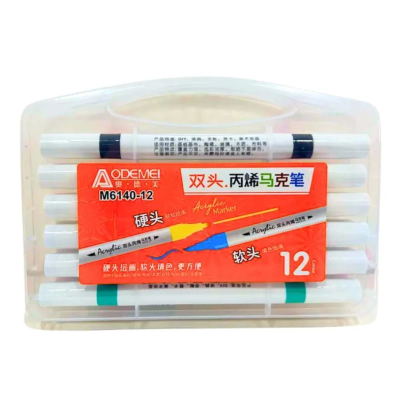 M6140-12 Набір акрил. скетчмаркерів двостор. Aodemei м'який+тверд., 12шт., plastic box